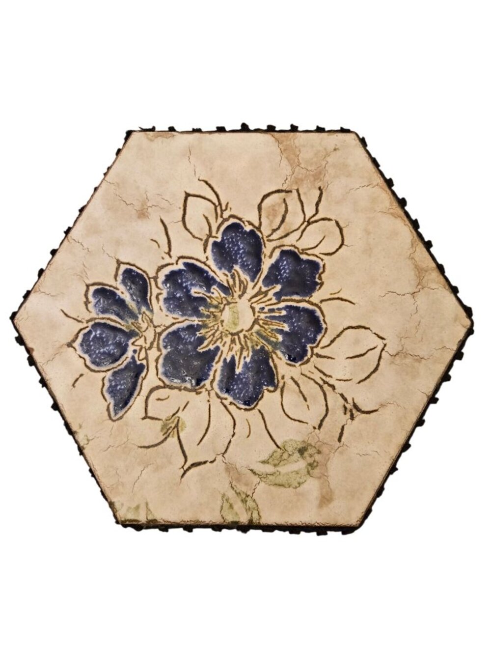 Hexagonal Ceramic Trivet Blue  Green Floral‎ Design Felt Bottom